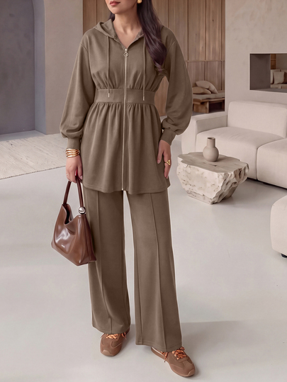 Modelyn بدلة كاجوال من قطعتين تتكون من جاكيت مقنعة مزودة بسحاب وبنطال للنساء، لفصلي الخريف والشتاء، باللون البرغندي الداكن