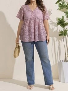 Comfylo Plus Size Vacation Casual Solid Color Cut-Out Shirt - Dusty Pink - View 6