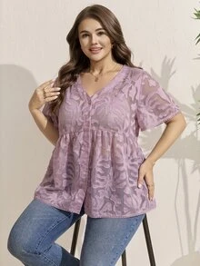 Comfylo Plus Size Vacation Casual Solid Color Cut-Out Shirt - Dusty Pink - View 5