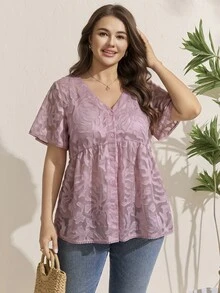 Comfylo Plus Size Vacation Casual Solid Color Cut-Out Shirt - Dusty Pink - View 3