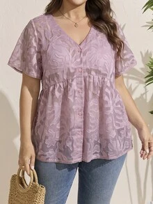 Comfylo Plus Size Vacation Casual Solid Color Cut-Out Shirt - Dusty Pink - View 4