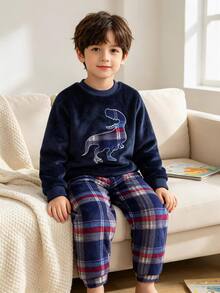 Set Piyama Fleece Lengan Panjang dan Celana Motif Dinosaurus Kotak-kotak Patchwork Bordir untuk Anak Laki-laki - MultiWarna - View 8