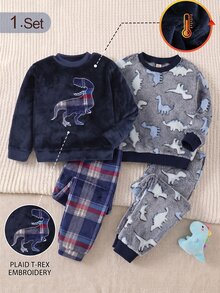 Set Piyama Fleece Lengan Panjang dan Celana Motif Dinosaurus Kotak-kotak Patchwork Bordir untuk Anak Laki-laki - MultiWarna - View 1