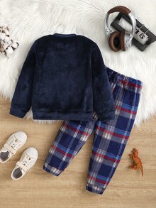 Set Piyama Fleece Lengan Panjang dan Celana Motif Dinosaurus Kotak-kotak Patchwork Bordir untuk Anak Laki-laki - MultiWarna - View 4