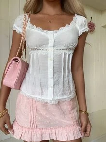 CovetEZ 女款蕾絲飾邊單排扣休閒百搭日常穿著襯衫 - 白色 - 查看 4