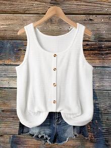 SHEIN VCAY 2pcs Plus Size Women's Summer Vacation Button Decor Sleeveless Camisole Tank Top (Apricot Stripe + Green 2-Piece Set) - Multicolor - View 4