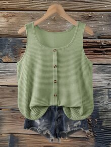 SHEIN VCAY 2pcs Plus Size Women's Summer Vacation Button Decor Sleeveless Camisole Tank Top (Apricot Stripe + Green 2-Piece Set) - Multicolor - View 5