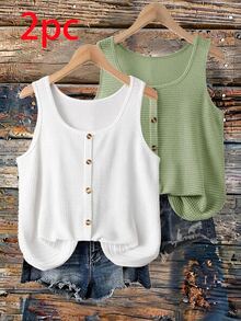 SHEIN VCAY 2pcs Plus Size Women's Summer Vacation Button Decor Sleeveless Camisole Tank Top (Apricot Stripe + Green 2-Piece Set) - Multicolor - View 1