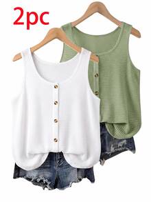 SHEIN VCAY 2pcs Plus Size Women's Summer Vacation Button Decor Sleeveless Camisole Tank Top (Apricot Stripe + Green 2-Piece Set) - Multicolor - View 9