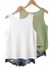 SHEIN VCAY 2pcs Plus Size Women's Summer Vacation Button Decor Sleeveless Camisole Tank Top (Apricot Stripe + Green 2-Piece Set) - Multicolor - View 2