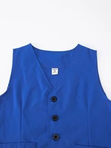 SHEIN 男童修身版型皇家藍三件式正式優雅禮服套裝，含背心、領結、長褲，輕量童裝，適合婚禮儀式、拍照、秋季穿著 - 藍色 - 查看 4