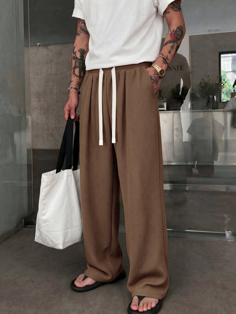 STEELVANCE Men's Solid Color Drawstring Waist Casual Versatile Daily Wear Long Pants - Khaki - View 4