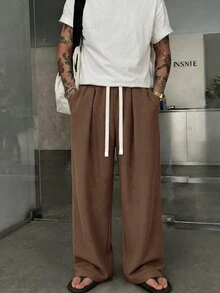 STEELVANCE Men's Solid Color Drawstring Waist Casual Versatile Daily Wear Long Pants - Khaki - View 3