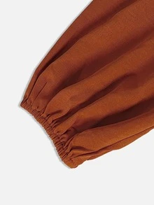 Linhara CURVE Plus Size Women Solid Color V-Neck Long Sleeve Ruffle Hem Blouse Fall Thanksgiving Holiday Vacation Brown Casual Boho - Rust Brown - View 3