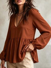 Linhara CURVE Plus Size Women Solid Color V-Neck Long Sleeve Ruffle Hem Blouse Fall Thanksgiving Holiday Vacation Brown Casual Boho - Rust Brown - View 6