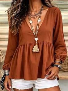 Linhara CURVE Plus Size Women Solid Color V-Neck Long Sleeve Ruffle Hem Blouse Fall Thanksgiving Holiday Vacation Brown Casual Boho - Rust Brown - View 1