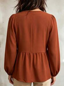 Linhara CURVE Plus Size Women Solid Color V-Neck Long Sleeve Ruffle Hem Blouse Fall Thanksgiving Holiday Vacation Brown Casual Boho - Rust Brown - View 2