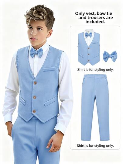 SHEIN Conjunto de 3 piezas de traje formal para niños con chaleco, pantalones y pajarita, atuendo para boda, graduación y fiesta, cómodo y transpirable para primavera, otoño e invierno