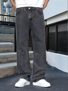 Manfinity Homme 男士水洗抽繩腰寬腿牛仔褲，大尺碼休閒寬鬆牛仔長褲 - 灰色 - 查看 7