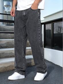 Manfinity Homme 男士水洗抽繩腰寬腿牛仔褲，大尺碼休閒寬鬆牛仔長褲 - 灰色 - 查看 6
