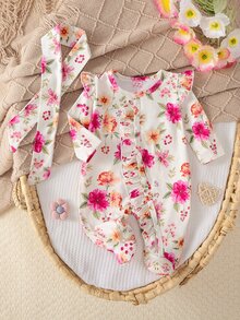 SHEIN 2件組新生女嬰米白色蝴蝶結愛心卡通印花連身褲套裝，附髮帶，柔軟睡衣，秋冬可愛日系親子穿搭 - 彩色 - 查看 3