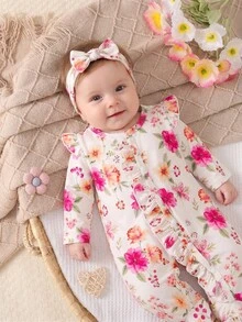 SHEIN 2件組新生女嬰米白色蝴蝶結愛心卡通印花連身褲套裝，附髮帶，柔軟睡衣，秋冬可愛日系親子穿搭 - 彩色 - 查看 6