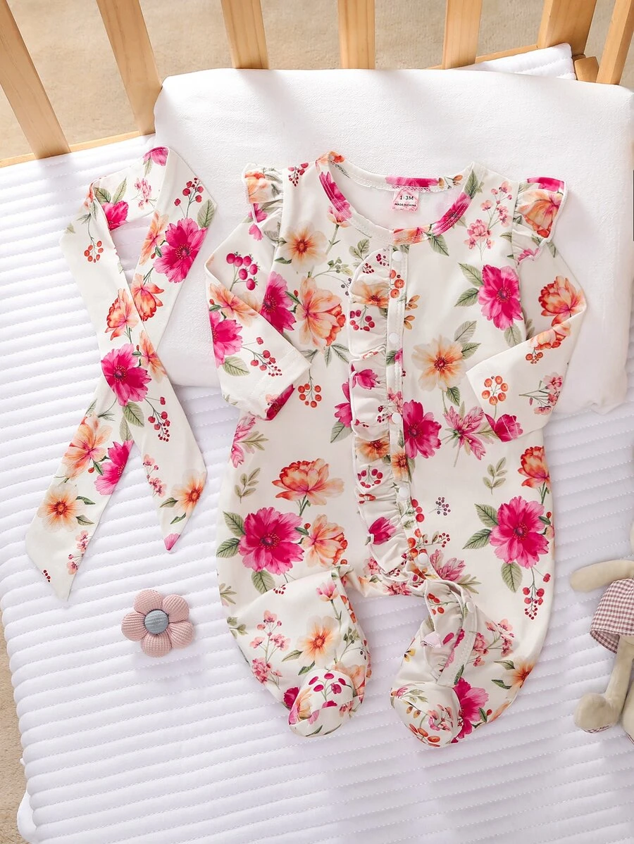 SHEIN 2件組新生女嬰米白色蝴蝶結愛心卡通印花連身褲套裝,附髮帶,柔軟睡衣,秋冬可愛日系親子穿搭 - 彩色 - 查看 1