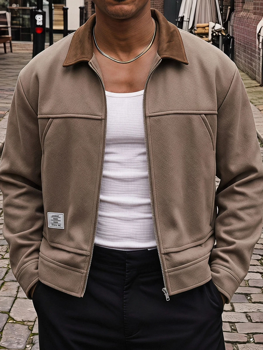 AXEPEAK Men's Denim Zipper Casual Versatile Daily Travel Long Sleeve Jacket - Khaki - View 1