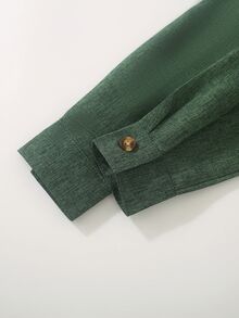 SHEIN 小男孩春秋款領口長袖口袋亞麻開襟衫休閒日常襯衫生日禮物 - 綠色 - 查看 3