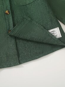 SHEIN 小男孩春秋款領口長袖口袋亞麻開襟衫休閒日常襯衫生日禮物 - 綠色 - 查看 4