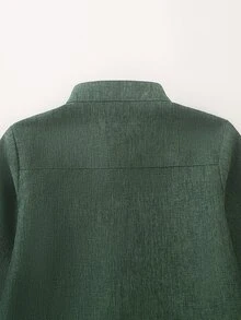 SHEIN 小男孩春秋款領口長袖口袋亞麻開襟衫休閒日常襯衫生日禮物 - 綠色 - 查看 5