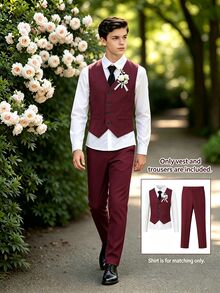 SHEIN Tween Boys 2Pcs Soft Breathable Linen Formal Vest Pants Suit Set Early Fall Back To School Wedding Graduation Piano Recital Kids Clothing Set - Burgundy - View 1