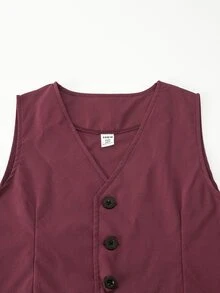 SHEIN Tween Boys 2Pcs Soft Breathable Linen Formal Vest Pants Suit Set Early Fall Back To School Wedding Graduation Piano Recital Kids Clothing Set - Burgundy - View 4