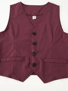 SHEIN Tween Boys 2Pcs Soft Breathable Linen Formal Vest Pants Suit Set Early Fall Back To School Wedding Graduation Piano Recital Kids Clothing Set - Burgundy - View 8