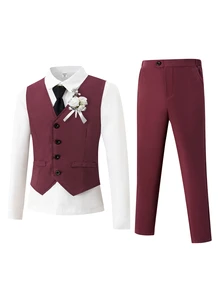 SHEIN Tween Boys 2Pcs Soft Breathable Linen Formal Vest Pants Suit Set Early Fall Back To School Wedding Graduation Piano Recital Kids Clothing Set - Burgundy - View 3