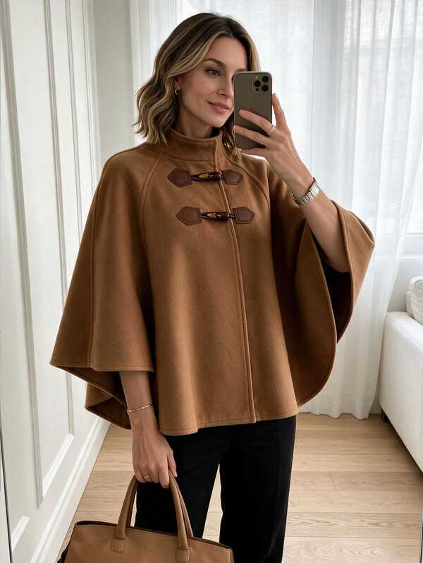 Louniche Mantel Selendang Elegan Kasual Musim Gugur/Dingin Wanita dengan Dekorasi Gesper Tanduk Warna Kontras, Campuran Wol