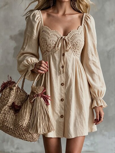 SHEIN Guipure Lace Panel Knot Front Flounce Sleeve Dress