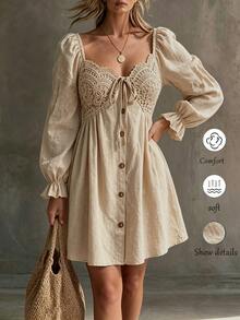 SHEIN Guipure Lace Panel Knot Front Flounce Sleeve Dress - Khaki - View 9