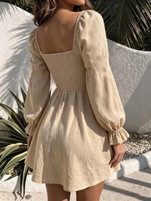SHEIN Guipure Lace Panel Knot Front Flounce Sleeve Dress - Khaki - View 3