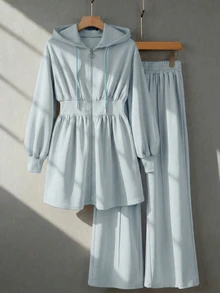Modelyn Burgundy Slimming Zip-Up Hooded Casual Long Sleeve Jacket & Pants 2 Pieces Set For Women, Autumn/Winter - Blue - View 3