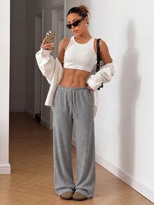 CovetEZ Women Casual Solid Color Soft Knit Drawstring Low Waist Loose Pants, Suitable For Home And Daily Wear, Autumn/Winter - Grey - View 3