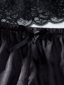 SHEIN 对比色蕾丝缎性感文胸和内裤内衣套装 - 黑色 - 查看 4