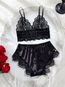 SHEIN 对比色蕾丝缎性感文胸和内裤内衣套装 - 黑色 - 查看 2