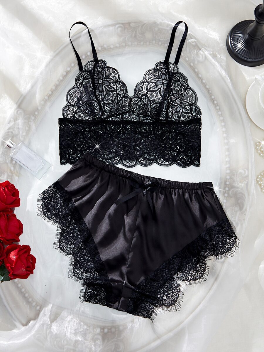 SHEIN 对比色蕾丝缎性感文胸和内裤内衣套装 - 黑色 - 查看 1