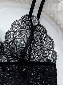 SHEIN 对比色蕾丝缎性感文胸和内裤内衣套装 - 黑色 - 查看 5