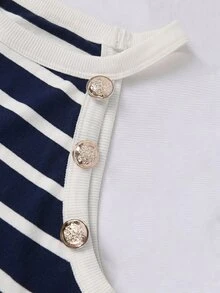 GlowEve Women's Elegant Striped Button Decor Round Neck Camisole, Summer - Navy Blue - View 3