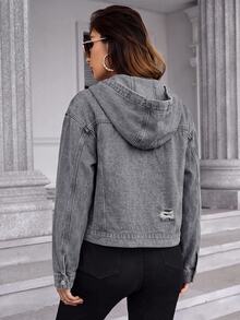 SHEIN Frenchy جاكيت جينز كاجوال يومي بأكمام طويلة وغطاء رأس برباط للنساء مقاس كبير - الأسود - مشاهدة 2