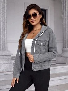 SHEIN Frenchy جاكيت جينز كاجوال يومي بأكمام طويلة وغطاء رأس برباط للنساء مقاس كبير - الأسود - مشاهدة 5