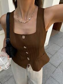 Elyressa 女士法式编织夏季优雅时尚背心 - 棕色 - 查看 5
