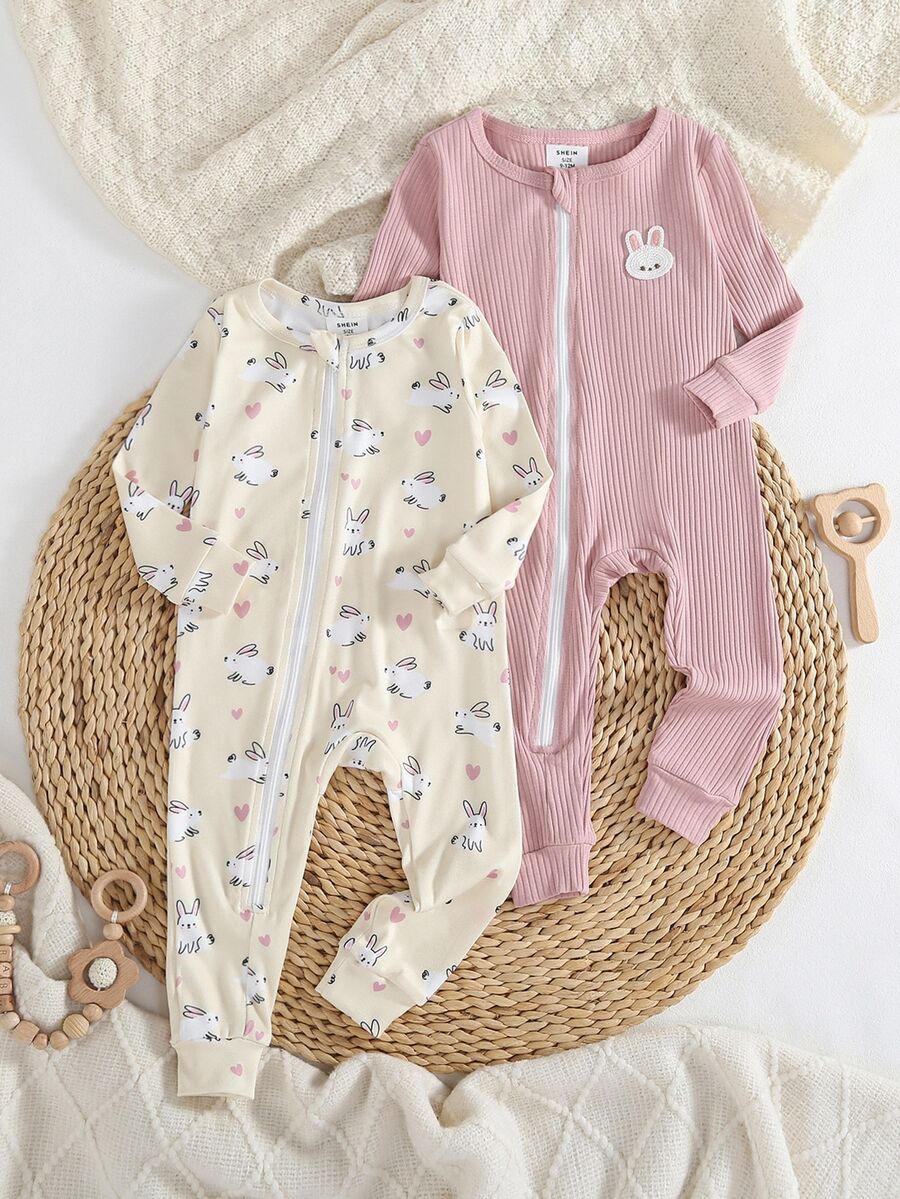 2pcs Baby Girls' Long Sleeve Jumpsuit Outfit Fabric, Cute Rabbit Print Pattern, Casual Style, Snug Fit Autumn/Winter Crew Neck Cotton Floral Zipper